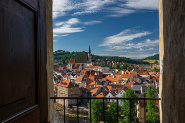 UNESCO protected city Cesky Krumlov landscape view from the castle's balcony