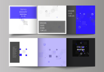 The black colored minimal vector illustration of editable layout. Modern creative covers design templates for trifold square brochure or flyer. Abstract vector background with fluid geometric shapes.