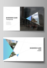 The minimalistic abstract vector layout of two creative business cards design templates. Creative modern background with blue triangles and triangular shapes. Simple design decoration.