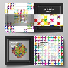 The vector illustration layout of two covers templates for square design bifold brochure, magazine, flyer, booklet. Abstract background, geometric mosaic pattern with bright circles, geometric shapes