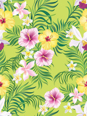 Exotic tropical flowers coral hibiscus palm leaves pattern seamless. Jungle vector vintage wallpaper