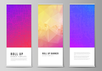The vector illustration of the editable layout of roll up banner stands, vertical flyers, flags design business templates. Abstract geometric pattern with colorful gradient business background.
