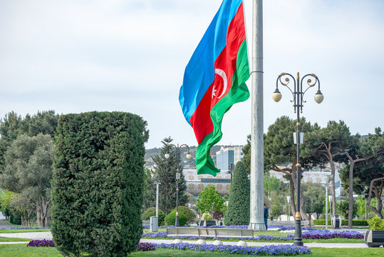 04/05/2019 Baku, Azerbaijan, Bayraq place for national flag in Baku Promenade
