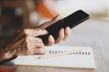 Old woman holding smart phone for shpping online