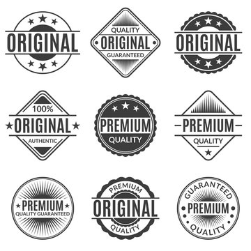 Original and Premium quality stamp or seal set. Guarantee label, emblem or badge collection. Vector illustration.