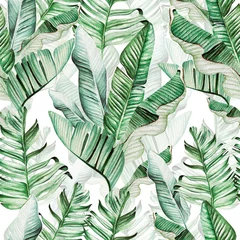 Behang Aquarel bladerprint Mooi aquarel naadloos patroon met tropische bladeren en bananenbladeren.