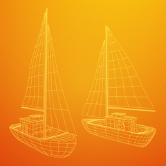 Yacht or sail boat. Luxury yacht race, sea sailing regatta concept. Wireframe low poly mesh vector illustration
