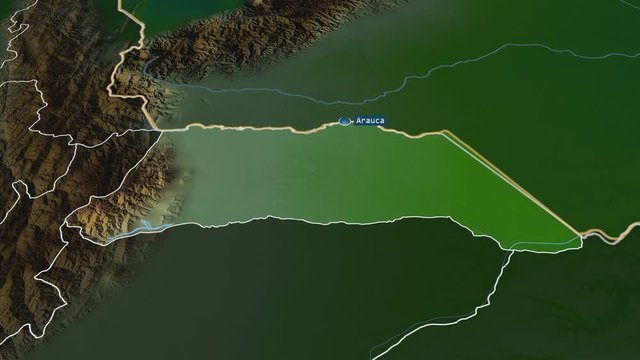 Arauca - intendancy of Colombia with its capital zoomed on the physical map of the globe. Animation 3D