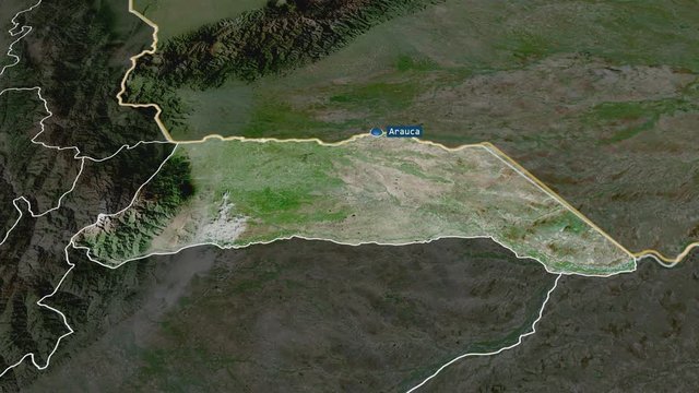 Arauca - intendancy of Colombia with its capital zoomed on the satellite map of the globe. Animation 3D