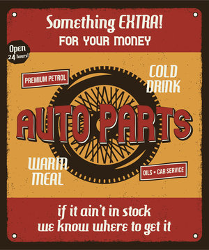 Car repair service retro poster with silhouette wheel and texts. Auto parts and mechanic on duty, transport maintenance and repairing vintage brochure. Garage station for automobiles. Stock