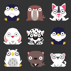 Set of cute stylized winter animals. Penguin, walrus, dog, hare, leopard, owl, Navy seal and Arctic Fox sit on a dark background.