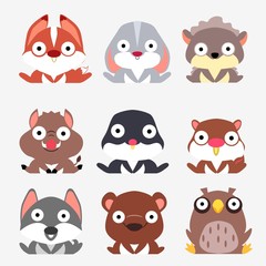 Stylized set of cute forest animals. Fox, hare, hedgehog, boar, mole, squirrel, wolf, bear and owl are sitting on white background.