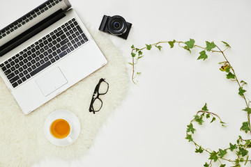 Close-up of laptop computer digital camera cup of tea and green plants isolated on white background