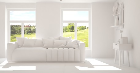 Mock up of stylish room in white color with sofa and green landscape in window. Scandinavian interior design. 3D illustration