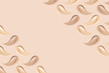 Makeup smears on beige background. Nude foundation smudges isolated. Skin tone BB, CC cream texture. Liquid make up base strokes. Creamy cosmetic beauty product swatch pattern.