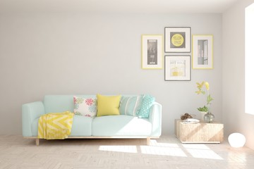 Stylish room in white color with sofa. Scandinavian interior design. 3D illustration