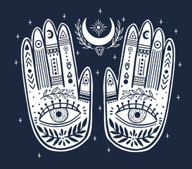 Palmistry of the hand, black and white drawing in a circle on a black background.
