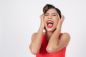 Portrait young pretty woman laughing on white background