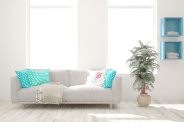 Stylish room in white color with sofa. Scandinavian interior design. 3D illustration