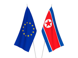 National fabric flags of European Union and North Korea isolated on white background. 3d rendering illustration.