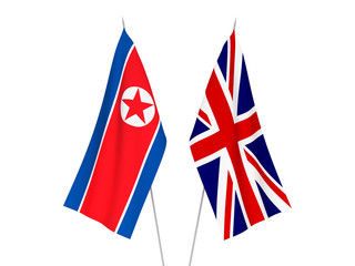National fabric flags of Great Britain and North Korea isolated on white background. 3d rendering illustration.