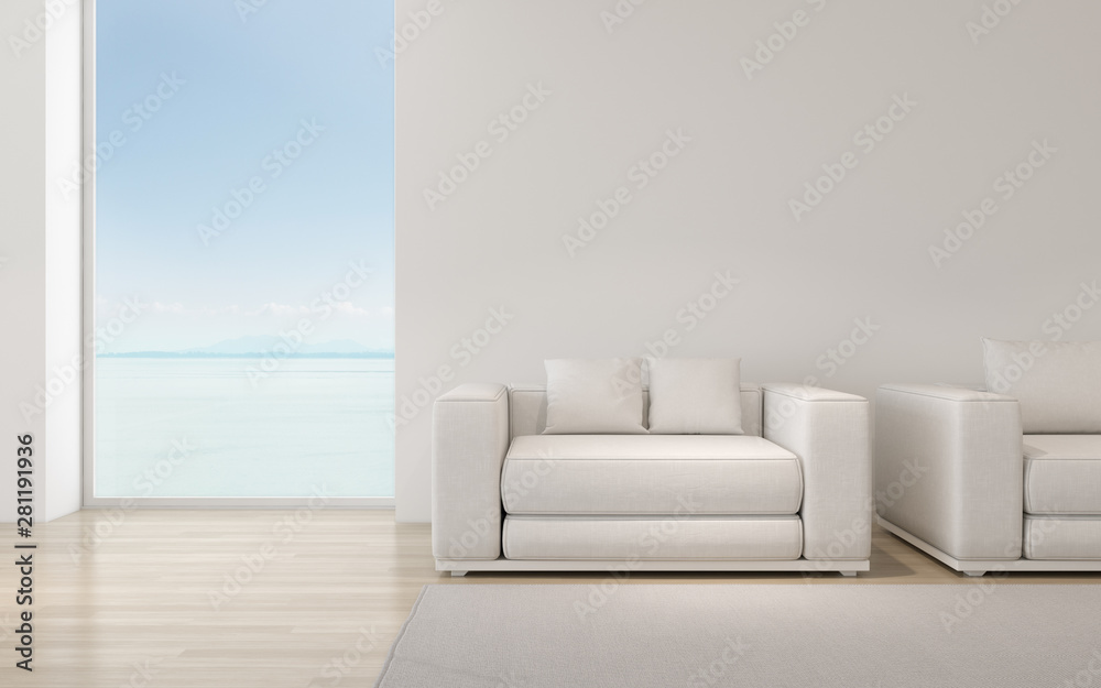 Poster perspective of modern luxury living room with white sofa on sea view background,relaxation idea of f