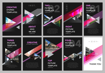 Creative social networks stories design, vertical banner or flyer templates with triangles and triangular shapes on black background. Covers design templates for flyer, leaflet, brochure, presentation