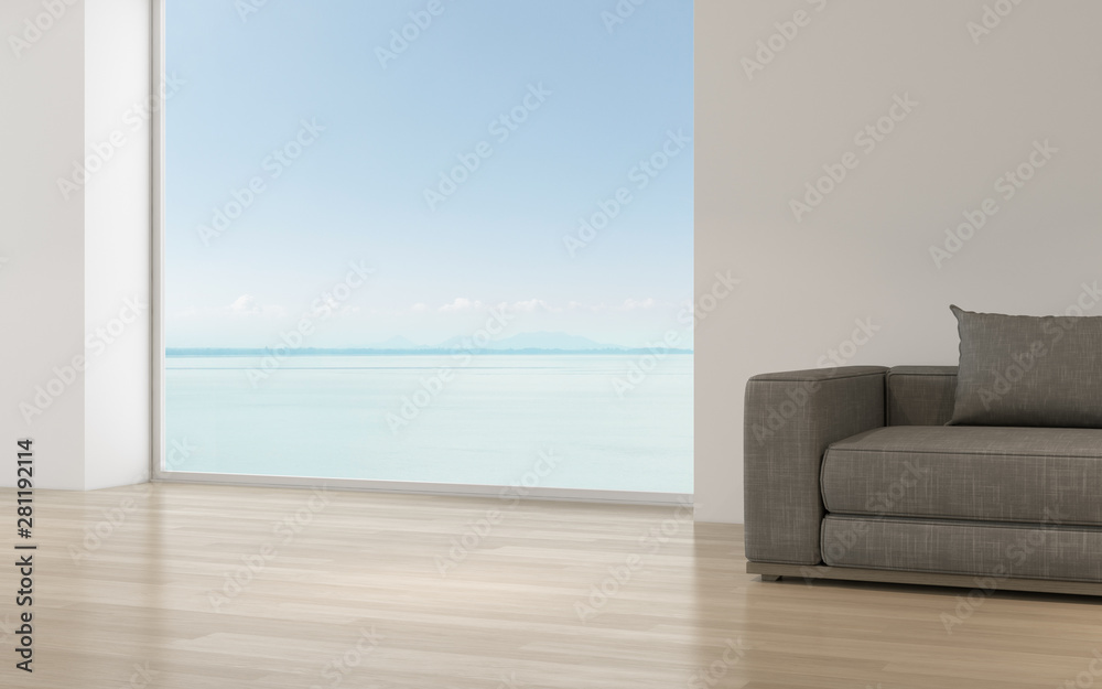 Poster perspective of modern luxury living room with grey sofa on sea view background,relaxation idea of fa
