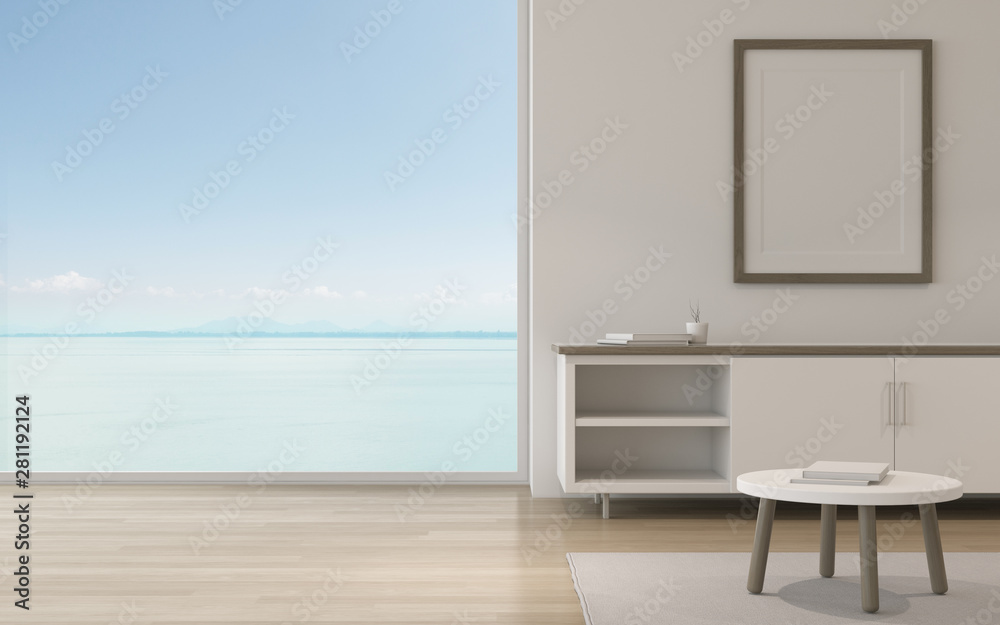 Poster Mock-up of room with picture frame and  small cabinet on sea view background. Perspective of minimal interior design. 3d rendering.