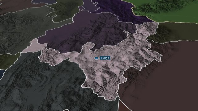 Boyac&aacute; - department of Colombia with its capital zoomed on the administrative map of the globe. Animation 3D