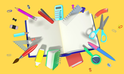 colorful 3D composition with different school related objects