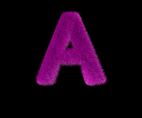 comical glamorous purple hirs alphabet isolated on black - letter A, glamorous concept 3D illustration of symbols