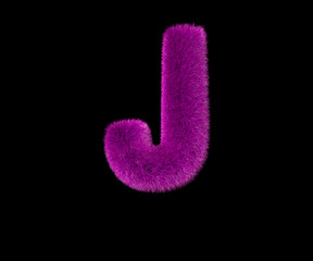 Fototapeta premium comical luxurious purple hairy alphabet isolated on black - letter J, luxurious concept 3D illustration of symbols