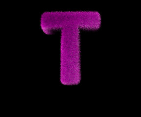 dear glamorous pink hairy alphabet isolated on black - letter T, glamorous concept 3D illustration of symbols