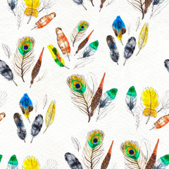 Cotton fabric Watercolor feathers seamless pattern. Hand painted texture