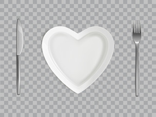 Heart shaped plate, fork and knife, empty table setting isolated on transparent background, top view, Valentine day romantic dish, love symbol. Ceramic holiday utensil Realistic 3d vector illustration