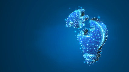 Lightbulb Jigsaw Puzzle. Idea, electricity, innovation, bulb lamp electrification concept. Abstract, digital wireframe, low poly, mesh, vector blue neon 3d illustration. Line dot