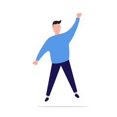 Satisfied young man with raised hand celebrating success. Vector illustration
