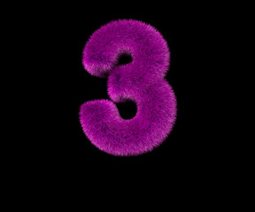 nice fashion purple furry font isolated on black - number 3, fashion concept 3D illustration of symbols