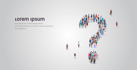 big people crowd standing together in shape of question mark sign different occupation employees group pondering problem concept full length horizontal copy space