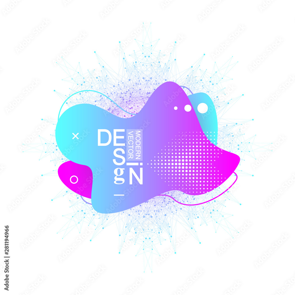 Aufkleber Modern graphic design elements in shape of fluid blobs with geometric lines. Gradient blue and green, red and violet geometrical shapes. Liquid stain with dynamic color for flyer, presentation.