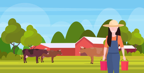 woman farmer carrying fresh milk pails domestic animal cattle eco farming breeding concept farmland countryside landscape flat portrait horizontal