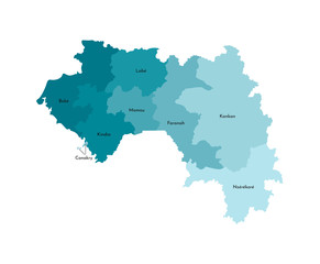 Obraz premium Vector isolated illustration of simplified administrative map of Guinea. Borders and names of the regions. Colorful blue khaki silhouettes