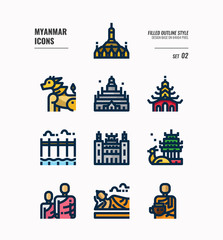 Obraz premium Myanmar icon set 2. Include landmark, people, culture and more. Filled Outline icons Design. vector