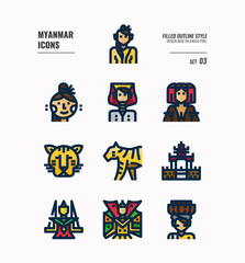 Myanmar icon set 3. Include landmark, people, animal, culture and more. Filled Outline icons Design. vector