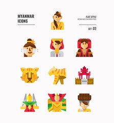 Myanmar icon set 3. Include landmark, people, animal, culture and more. Flat icons Design. vector