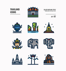 Thailand icon set 2. Include landmark, sculpture, temple, pagoda, elephant and more. Filled Outline icons Design. vector