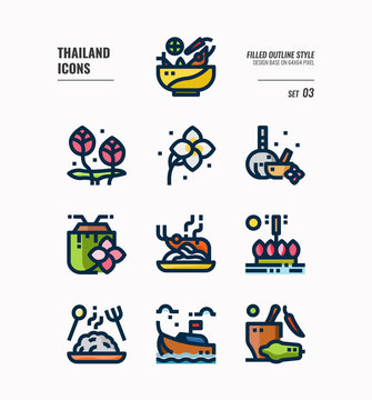 Thailand icon set 3. Include food, flower, festival, landmark and more. Filled Outline icons Design. vector