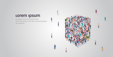people crowd gathering in shield icon shape social media community protection security concept different occupation employees group standing together full length horizontal copy space