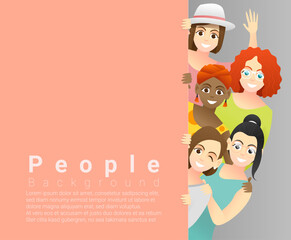Diversity concept background , group of happy multi ethnic women standing behind empty colorful board , vector , illustration